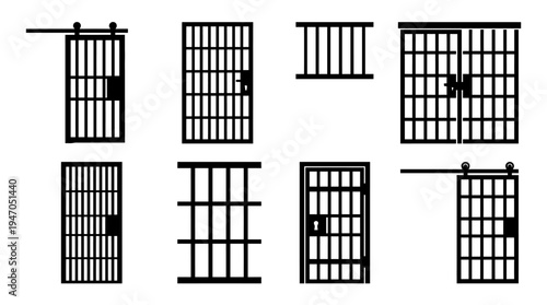 Collection of various black and white illustrations of barred doors and gates, including sliding and hinged designs.