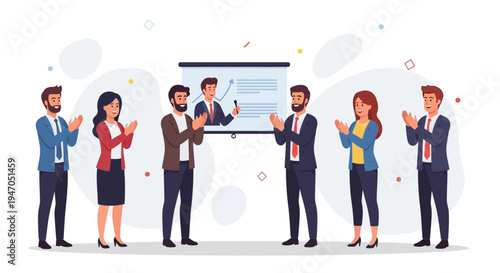 Business team applauding successful presentation on whiteboard, celebrating achievement