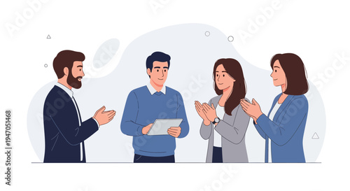 Business team applauds a colleague presenting on a tablet in a modern office setting.