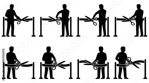 Collection of eight silhouette illustrations depicting a person cutting a ribbon with large scissors at a ceremonial event.