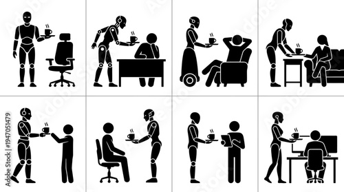 Robots serving drinks to people in various settings, including offices, homes, and workplaces.