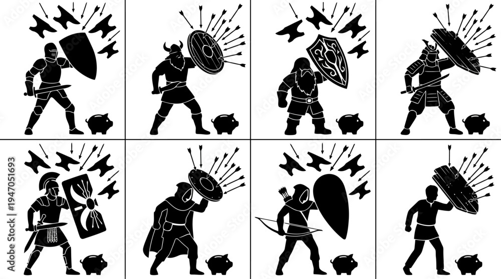Obraz premium Collection of eight stylized black and white illustrations depicting various fantasy warriors defending themselves with shields against incoming projectiles, each standing before a piggy bank.
