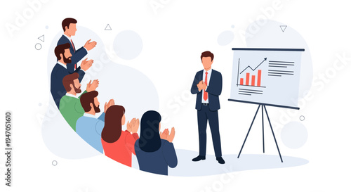 Business presentation success: speaker applauded by diverse audience near chart