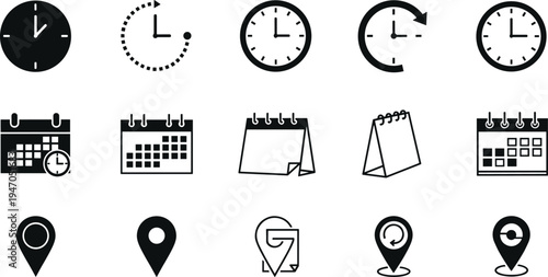 Clock, Calendar, and Location Icon Set Featuring Time, Dates, and Geolocation Symbols for Scheduling, Time Management, and Navigation Designs