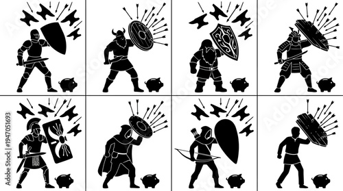 Collection of eight stylized black and white illustrations depicting various fantasy warriors defending themselves with shields against incoming projectiles, each standing before a piggy bank.