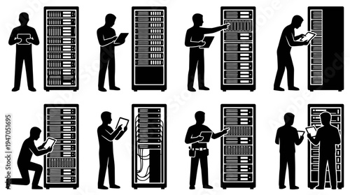 Collection of Silhouettes of IT Professionals Working with Server Racks and Computers in a Data Center Environment.