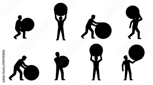Silhouettes of people lifting and pushing large spheres, representing effort and physical exertion.