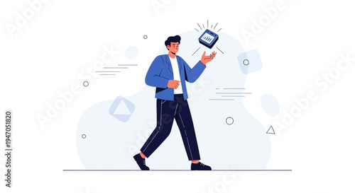 Man holding a microchip, technology concept, innovation, digital transformation, abstract background