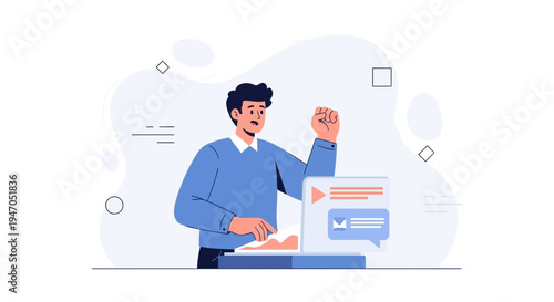 Man working on laptop, analyzing data, success, business growth, modern flat illustration