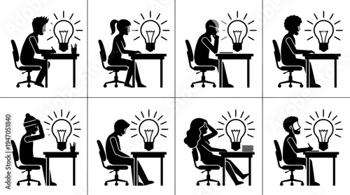 Silhouettes of people sitting at desks with glowing lightbulbs above their heads, representing ideas and creativity.