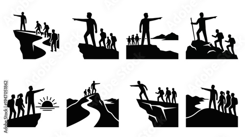 Silhouettes of hikers on mountain peaks pointing towards the horizon, symbolizing adventure and teamwork.