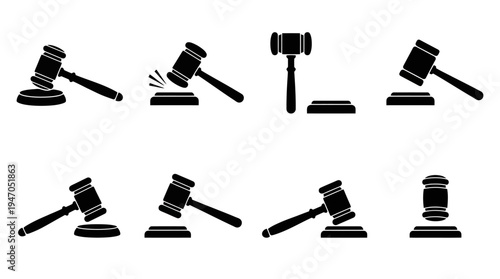 Collection of eight black and white gavel icons representing legal proceedings and auctions.
