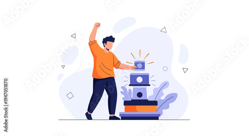 Man celebrating success by stacking boxes, achievement concept illustration