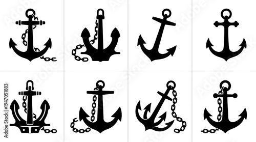 A collection of eight black silhouette illustrations of various anchor designs, some with chains, on a white background.