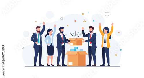 Business team celebrating success with boxes, teamwork and achievement concept