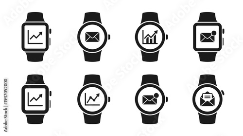 Collection of eight smartwatches displaying various app icons, including email and graphs, presented in a grid layout.