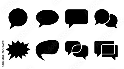 A collection of eight distinct black speech bubble icons, each representing a different style of communication or thought.