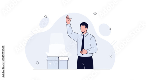Man Raising Hand Near Open Box, Concept of Choice, Decision, or Question