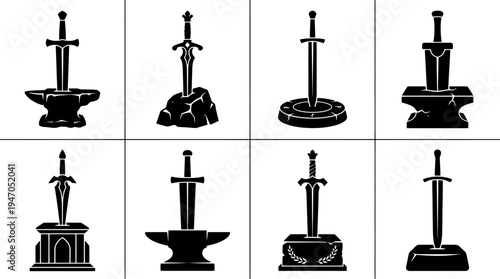 Collection of eight black and white silhouette icons depicting swords embedded in various objects and bases.
