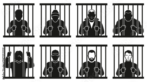 A collection of eight distinct black and white illustrations depicting men incarcerated behind prison bars.