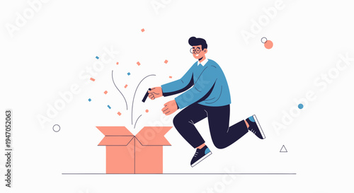 Man jumping out of a box with confetti, concept of surprise and creativity