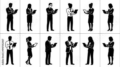 Collection of diverse business professionals, both male and female, in silhouette, actively using tablets for work or communication.