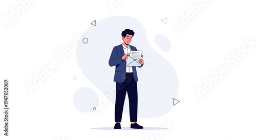 Man in Suit Holding Open Envelope with Letter, Business Communication Concept