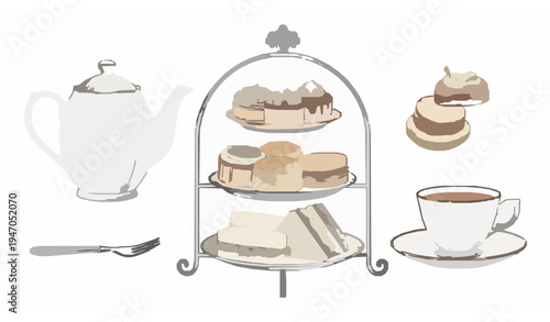 Traditional English afternoon tea set illustration vector hand-drawn teapot teacup pastries scones and sandwiches isolated on white