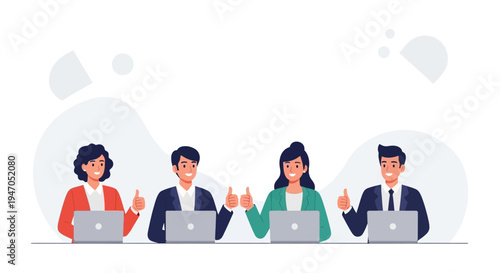 Teamwork success: Diverse colleagues give thumbs up with laptops, celebrating achievement