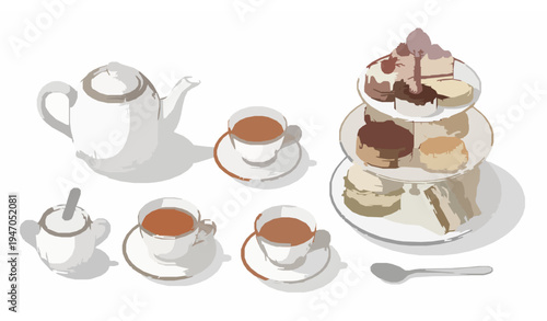English afternoon tea set top-down hand-drawn vector illustration teapot teacup pastries and sandwiches isolated on white