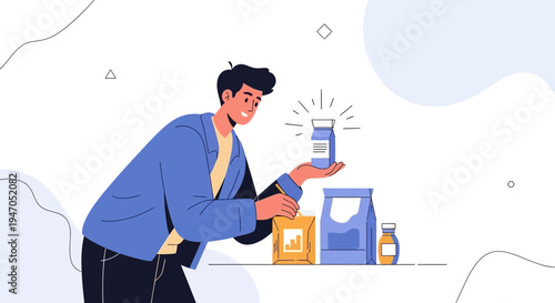 Man holding medicine bottle, surrounded by pharmaceutical packaging and products