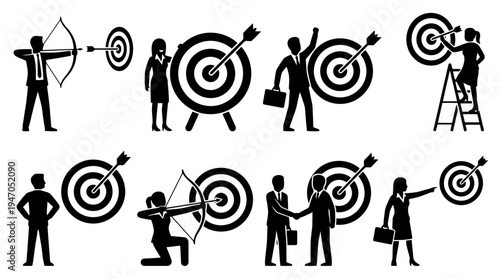 Black silhouettes of business people aiming for goals and achieving success with targets and arrows.