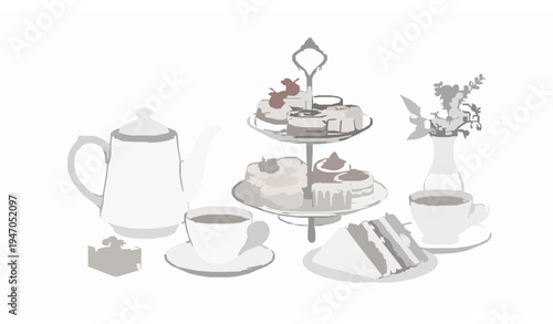 Hand-drawn English afternoon tea set vector illustration teapot teacups pastries scones and sandwiches isolated on white