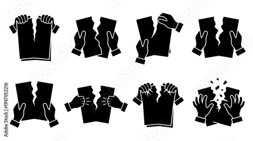 Collection of black silhouette icons depicting hands tearing paper in various stages of destruction.