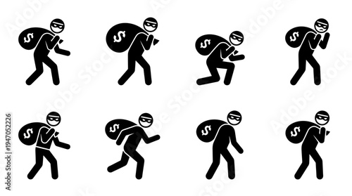 Eight black stick figures depicting masked thieves carrying bags with dollar signs, in various poses of walking, running, and crouching.