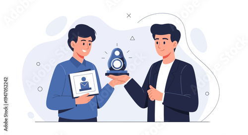 Man receiving award from colleague, business achievement, success, recognition, teamwork