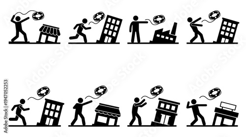 Stick figures attempting to stabilize tilting buildings with ropes and life preservers.