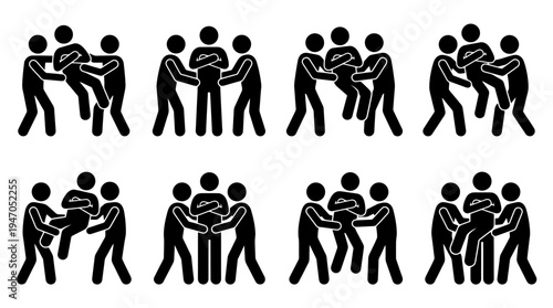 Stick figures illustrating various scenarios of three people supporting or intervening with one another.