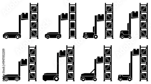 Multiple black and white icons depicting automated forklifts or AGVs lifting boxes onto tall storage racks in a warehouse setting, illustrating industrial automation and logistics.