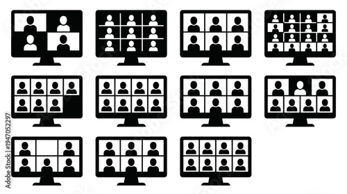 Collection of computer monitors displaying various video conferencing layouts with multiple participants shown in grid format.