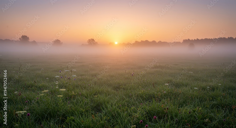 Naklejka premium Golden sunrise illuminates thick layer of mist settling over a dew-covered grassy meadow