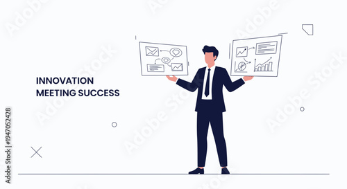 Businessman holding diagrams of innovation and success metrics