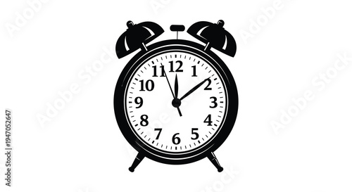 A black and white illustration of a classic alarm clock showing approximately 1 55