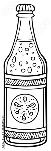 Hand Drawn Bottle of Fizzy Drink with Bubbles and Circular Label