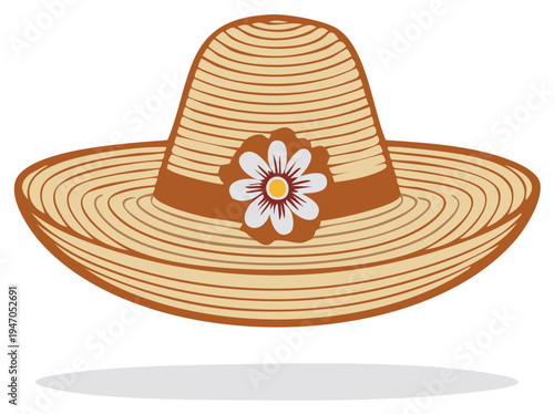 Illustration of a Beige Sun Hat with Flower Accent. Summer Headwear for Women. Stylish Woven Beach Accessory. Cartoon Style Isolated