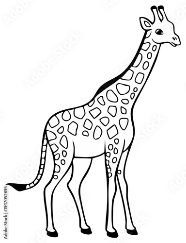 Black and white illustration of a giraffe standing tall with spotted pattern skin