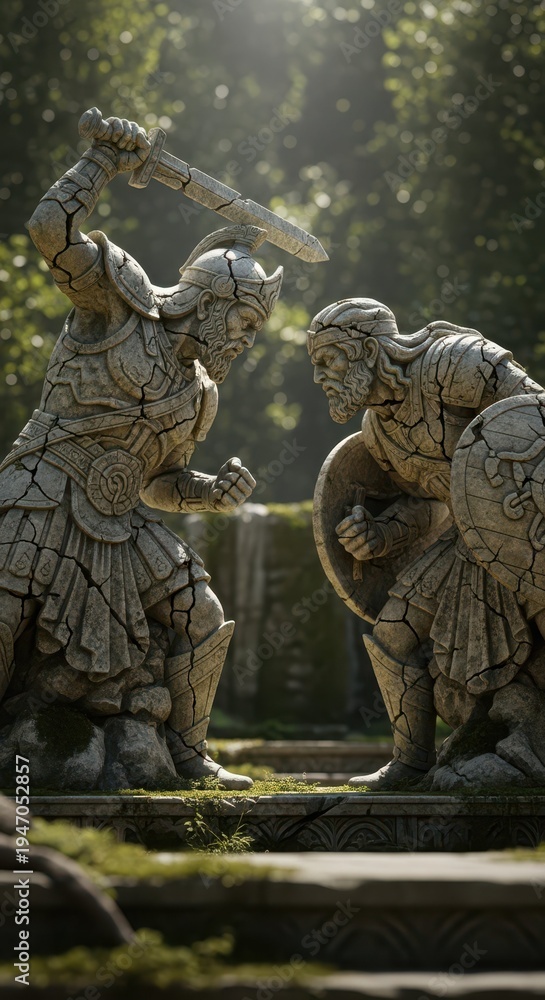 Fototapeta premium Fierce Battle Between Two Ancient Stone Warriors in Lush Forest