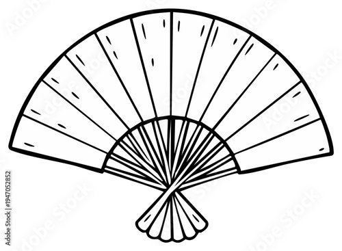 Hand drawn outline of an open fan with segmented panels and a pleated handle