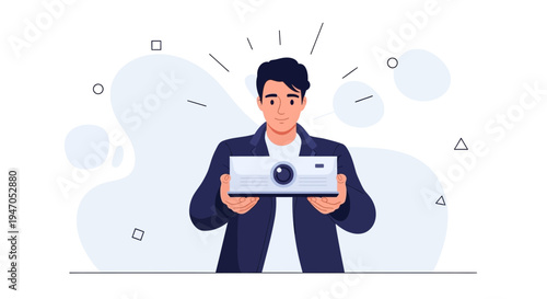 Man holding projector, presentation, technology, innovation, modern business concept