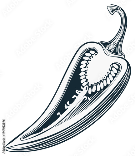 Cross-section illustration of a jalapeno pepper, showing seeds and stem, monochrome